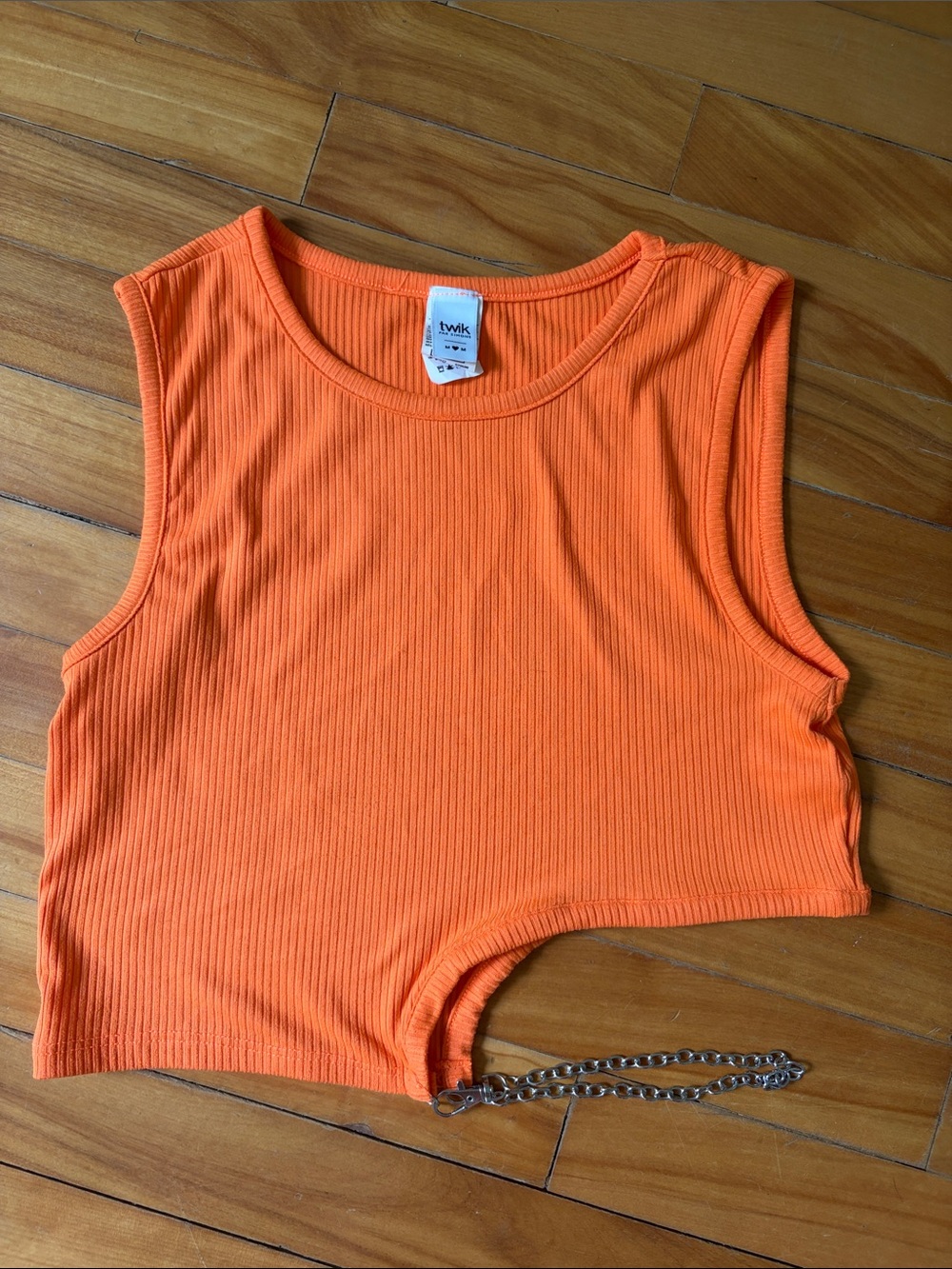 twik Orange Ribbed Crop Tank with Chain Accent